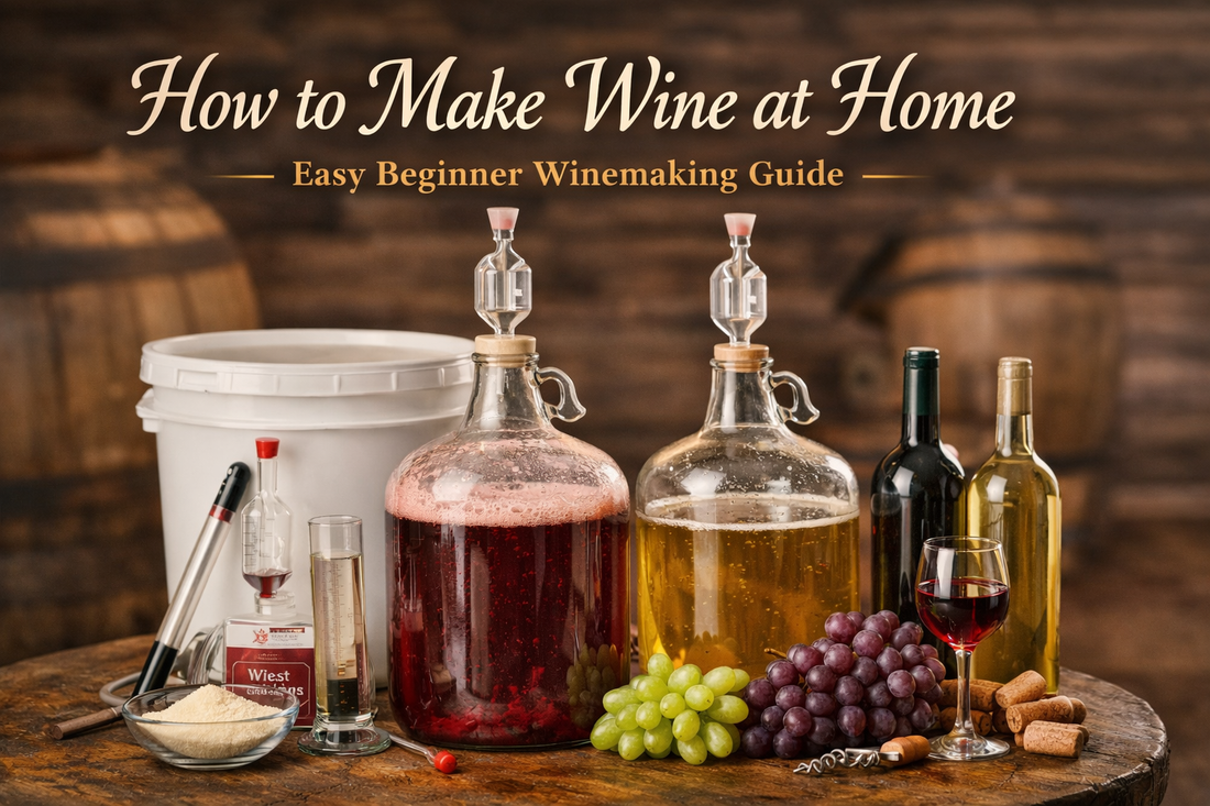 Homemade wine fermenting in glass bottles for beginner winemaking